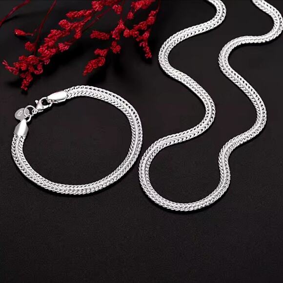 DOTEFFIL 925 Sterling Silver Geometry Bracelets Wedding  925 Sterling Silver Necklace Bracelet Set Double Chain Geometric Christmas NEW!